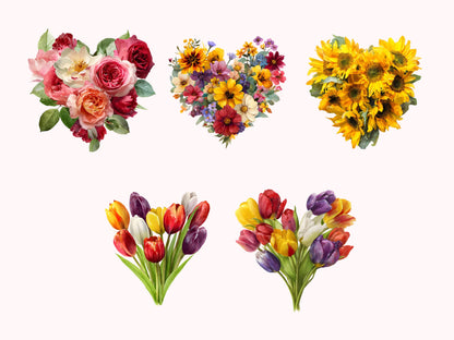 Watercolor Floral Heart Clipart Bundle, Floral Heart png, Cherry Heart png, Heart Printable Clipart, Valentine Floral Heart Clipart