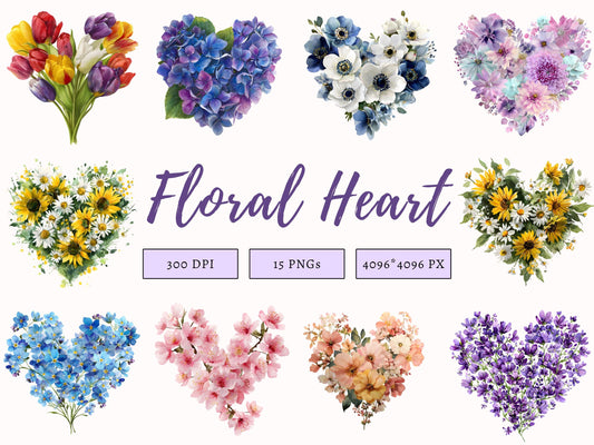 Watercolor Floral Heart Clipart Bundle, Floral Heart png, Cherry Heart png, Heart Printable Clipart, Valentine Floral Heart Clipart