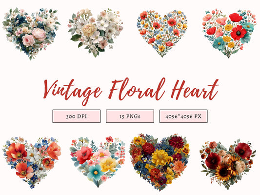 Vintage Floral Heart Clipart Bundle, Watercolor Floral Heart Clipart, Heart png, Valentine Heart Clipart, Instant Download