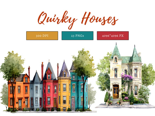 Quirky Houses Clipart png Bundle, Houses Clipart, Watercolor Quirky Houses Clipart, House png, Vintage House Clipart, Instant Download