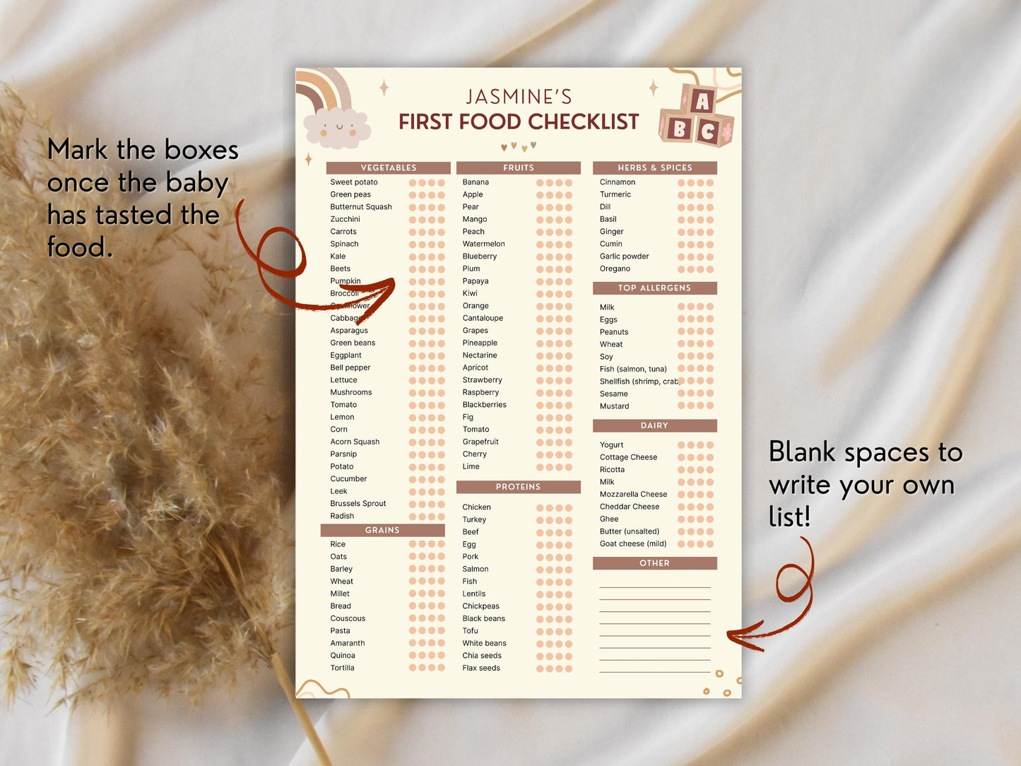 Editable Baby's First Food Checklist, Tracker For Baby's First Solid Food, Baby's First Food Checklist, Food Weaning Chart, Instant Download
