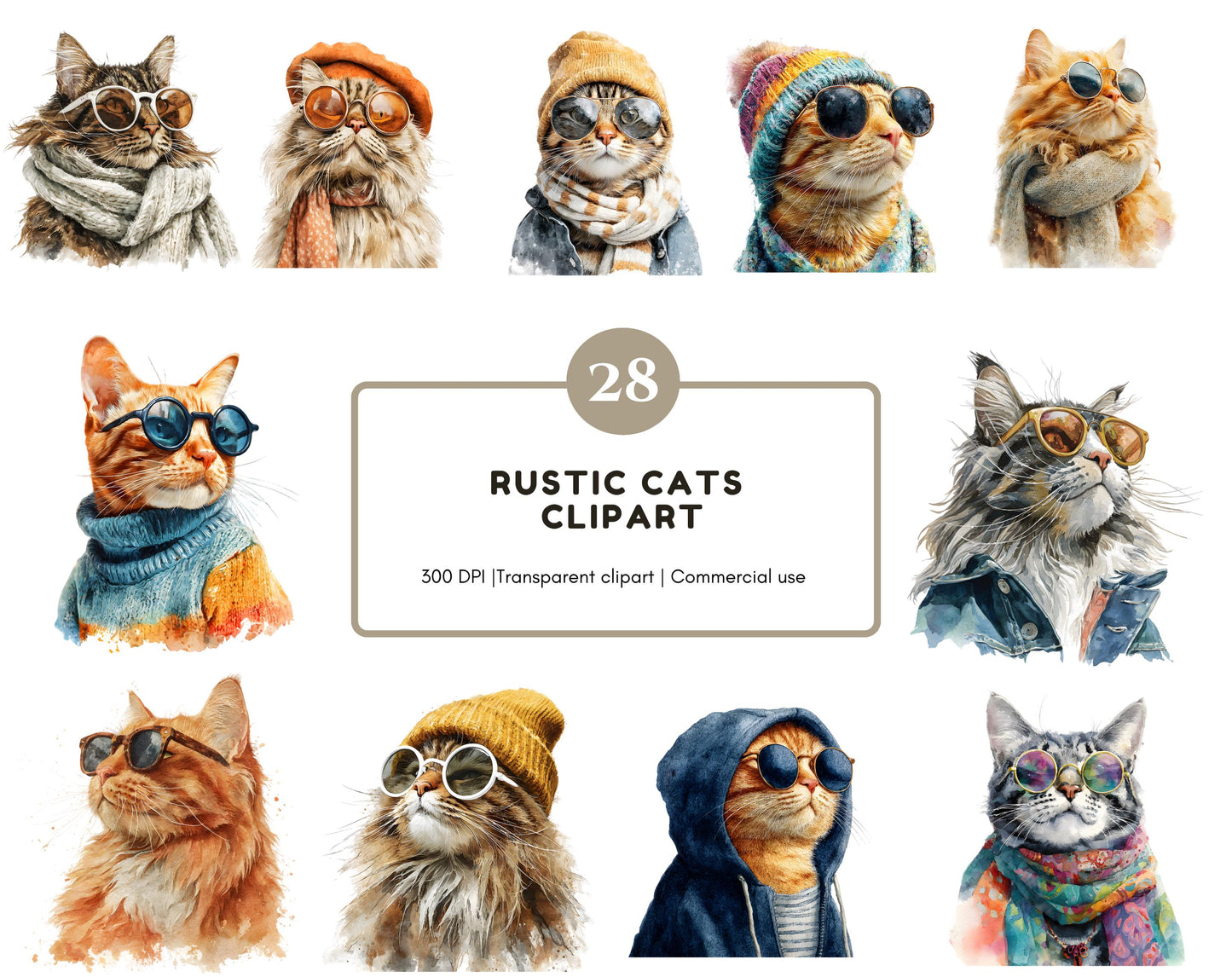 28 Rustic Cats Clipart Bundle, Cool Cats Clipart, Watercolor Rustic Cat Clipart, Printable High Quality png, Paper Craft, Instant Download