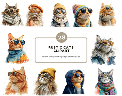 28 Rustic Cats Clipart Bundle, Cool Cats Clipart, Watercolor Rustic Cat Clipart, Printable High Quality png, Paper Craft, Instant Download