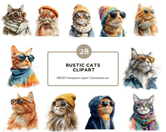 28 Rustic Cats Clipart Bundle, Cool Cats Clipart, Watercolor Rustic Cat Clipart, Printable High Quality png, Paper Craft, Instant Download