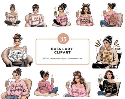 35 Boss Lady Clipart Bundle, Watercolor Boss Lady Clipart, Fashion Woman Clipart, Love Yourself png, Girl Boss Clipart, Black Beauty Clipart