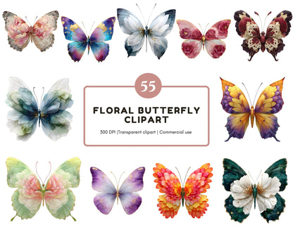 Images clipart de papillons floraux, papillons aquarelle (PNG), papillons roses (PNG), papillons floraux rouges, loisirs créatifs, téléchargement instantané, bricolage en papier