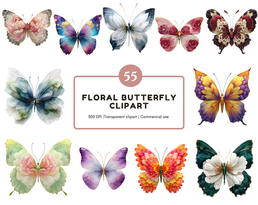 Floral Butterfly Clipart, Watercolor Flowers Butterfly png, Pink Butterfly png, Red Floral Butterfly Clipart, Paper Craft, Instant Download