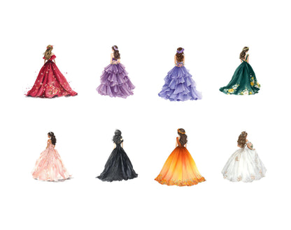 Quinceañera-Clipart-Set, Aquarell-Quinceañera-Clipart-Bundle, Blumen- und Kronen-Clipart, Prinzessinnenkleid-Clipart, Sofort-Download
