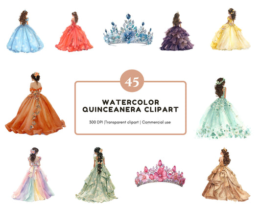 Quinceanera Clipart Set, Watercolor Quinceanera Clipart Bundle, Flowers And Craown Clipart, Princess Dress Clipart, Instant Download