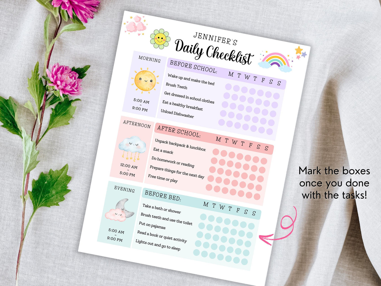Kids Daily School Checklist, Printable School Checklist, Responsibility Chart, To Do List, Editable Chore Chart, Home school Planner