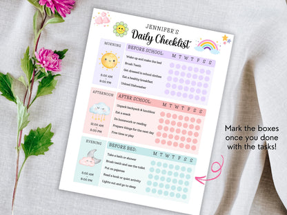 Kids Daily School Checklist, Printable School Checklist, Responsibility Chart, To Do List, Editable Chore Chart, Home school Planner