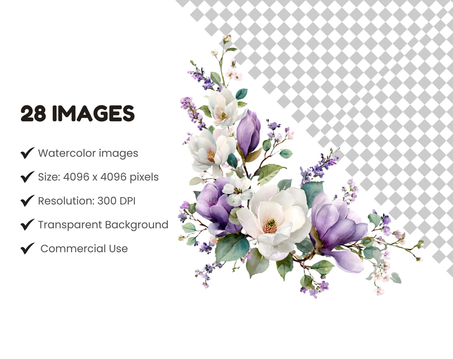 Watercolor Purple Flowers Clipart, Flowers Bouquet Clipart Bundle, Purple Flower png, Violet Flower Clipart, Floral png Bundle