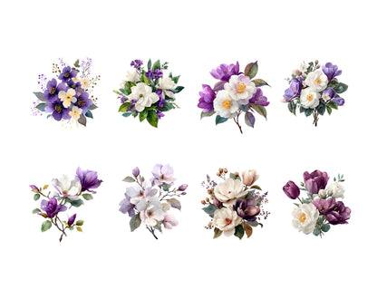 Watercolor Purple Flowers Clipart, Flowers Bouquet Clipart Bundle, Purple Flower png, Violet Flower Clipart, Floral png Bundle