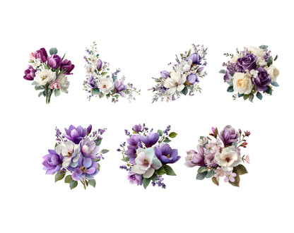 Watercolor Purple Flowers Clipart, Flowers Bouquet Clipart Bundle, Purple Flower png, Violet Flower Clipart, Floral png Bundle