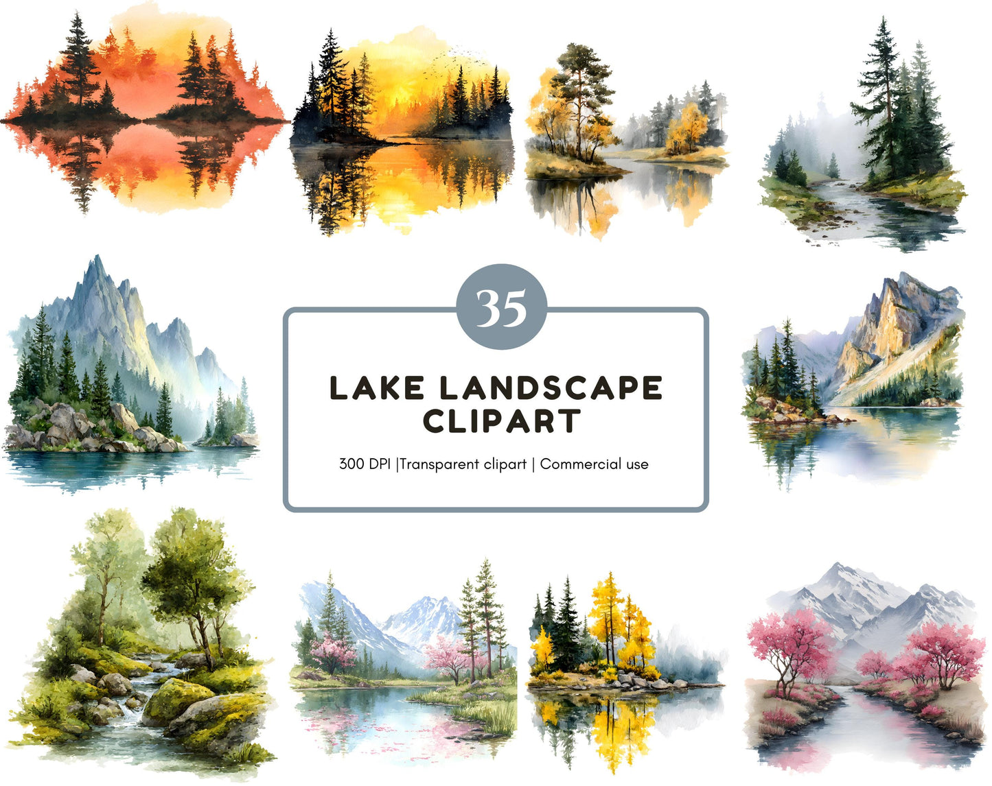 35 Lake Landscape Clipart, Watercolor Lake Clipart, Lake Landscape png, River View Clipart, Forest Landscape Clipart, Instant Download