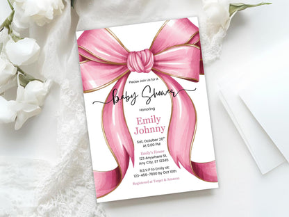 Pink Bow Baby Shower Invitation, Coquette Bow Baby Shower Invite, Bow Girl Baby Shower, Cute Girl Baby Shower Invite, Bow Baby Shower Invite