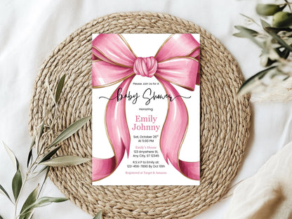 Pink Bow Baby Shower Invitation, Coquette Bow Baby Shower Invite, Bow Girl Baby Shower, Cute Girl Baby Shower Invite, Bow Baby Shower Invite
