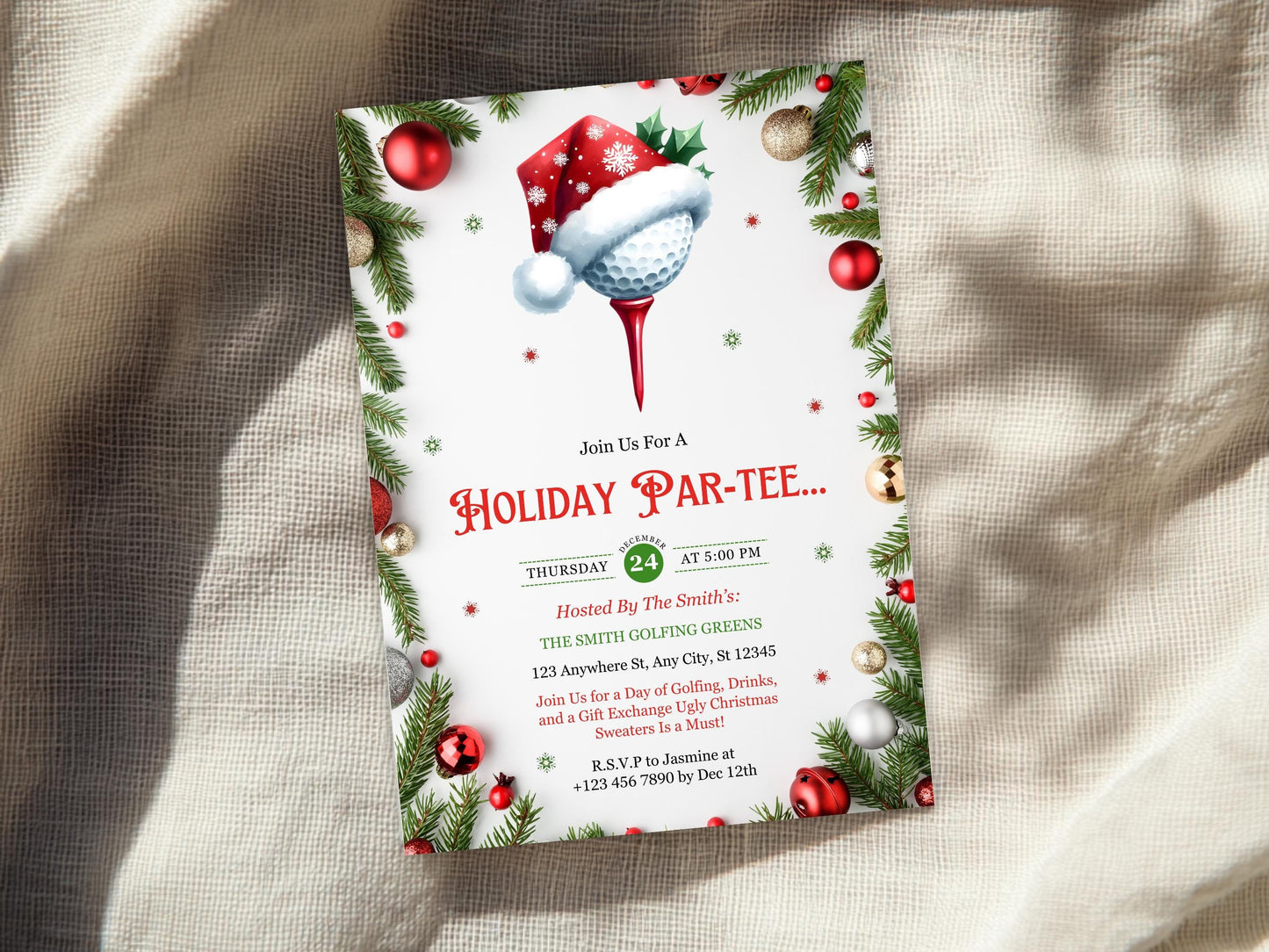 Invitation modifiable pour une partie de golf de Noël, invitation pour une fête de golf hivernale, invitation pour une soirée de golf, invitation pour une fête de Noël, téléchargement instantané
