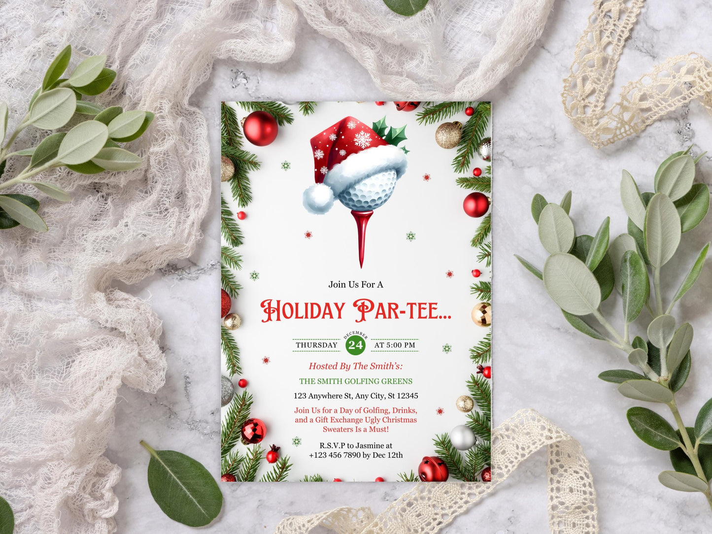 Invitation modifiable pour une partie de golf de Noël, invitation pour une fête de golf hivernale, invitation pour une soirée de golf, invitation pour une fête de Noël, téléchargement instantané