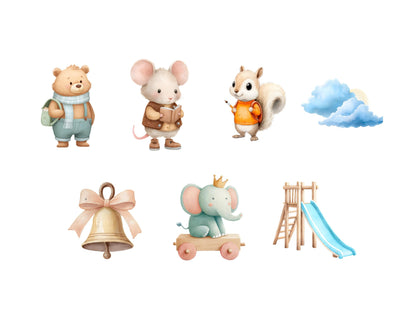 70 Back To School Animal Clipart, Watercolor School Animal Clipart, Nursery Decor, Back To School png, Commercial Use, Digital Download