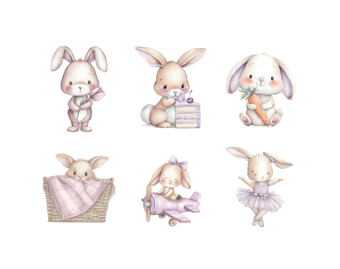 Lila Hasen-Clipart-Bundle mit Aquarellmotiven, niedlicher lila Hase (PNG), Boho-Hasen-Clipart, Boho-Babyparty, lila Ballerina-Hasen-Clipart