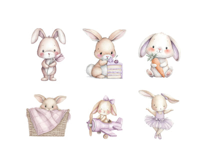 Lila Hasen-Clipart-Bundle mit Aquarellmotiven, niedlicher lila Hase (PNG), Boho-Hasen-Clipart, Boho-Babyparty, lila Ballerina-Hasen-Clipart
