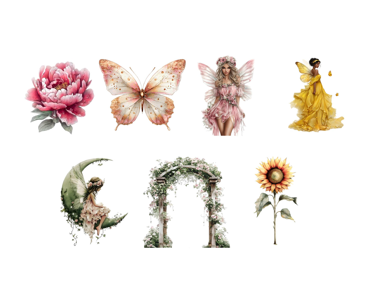 Gartenfeen-Clipart-Bundle (PNG), Aquarell-Feen-Clipart-Set, Wald-Designelemente-Clipart, kommerzielle Nutzung, digitaler Download