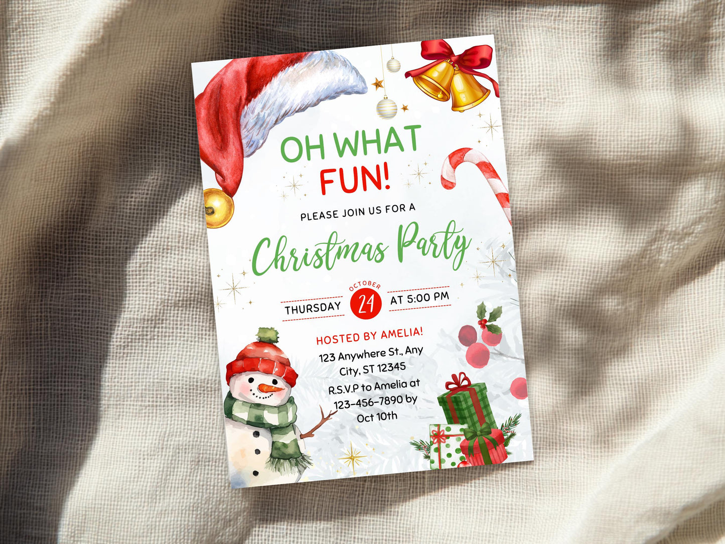 Invitation pour une fête de Noël amusante et modifiable, avec un bonhomme de neige aquarelle.