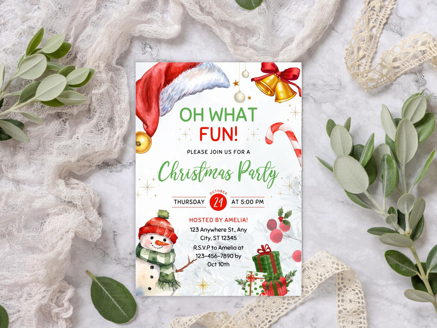 Invitation pour une fête de Noël amusante et modifiable, avec un bonhomme de neige aquarelle.