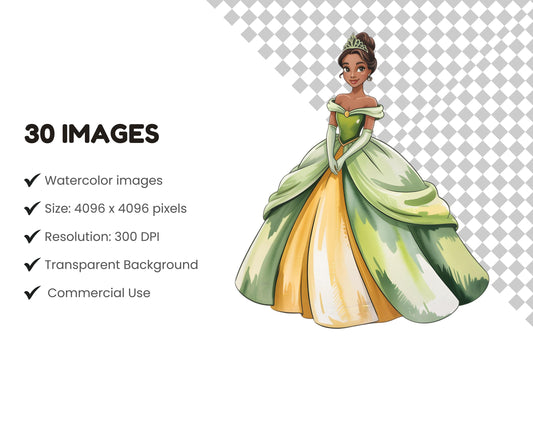 Princess Clipart png Bundle, Watercolor Princess png, Cute Princess Clipart, Cinderella png, Anna png, Tiana png, Diana, Digital Download