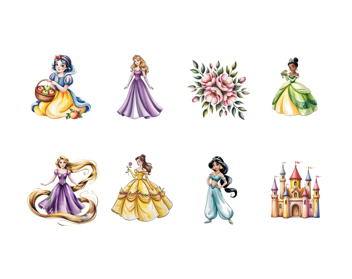 Prinzessinnen-Clipart-Bundle (PNG), Aquarell-Prinzessinnen (PNG), Niedliche Prinzessinnen-Clipart, Cinderella (PNG), Anna (PNG), Tiana (PNG), Diana, Digitaler Download