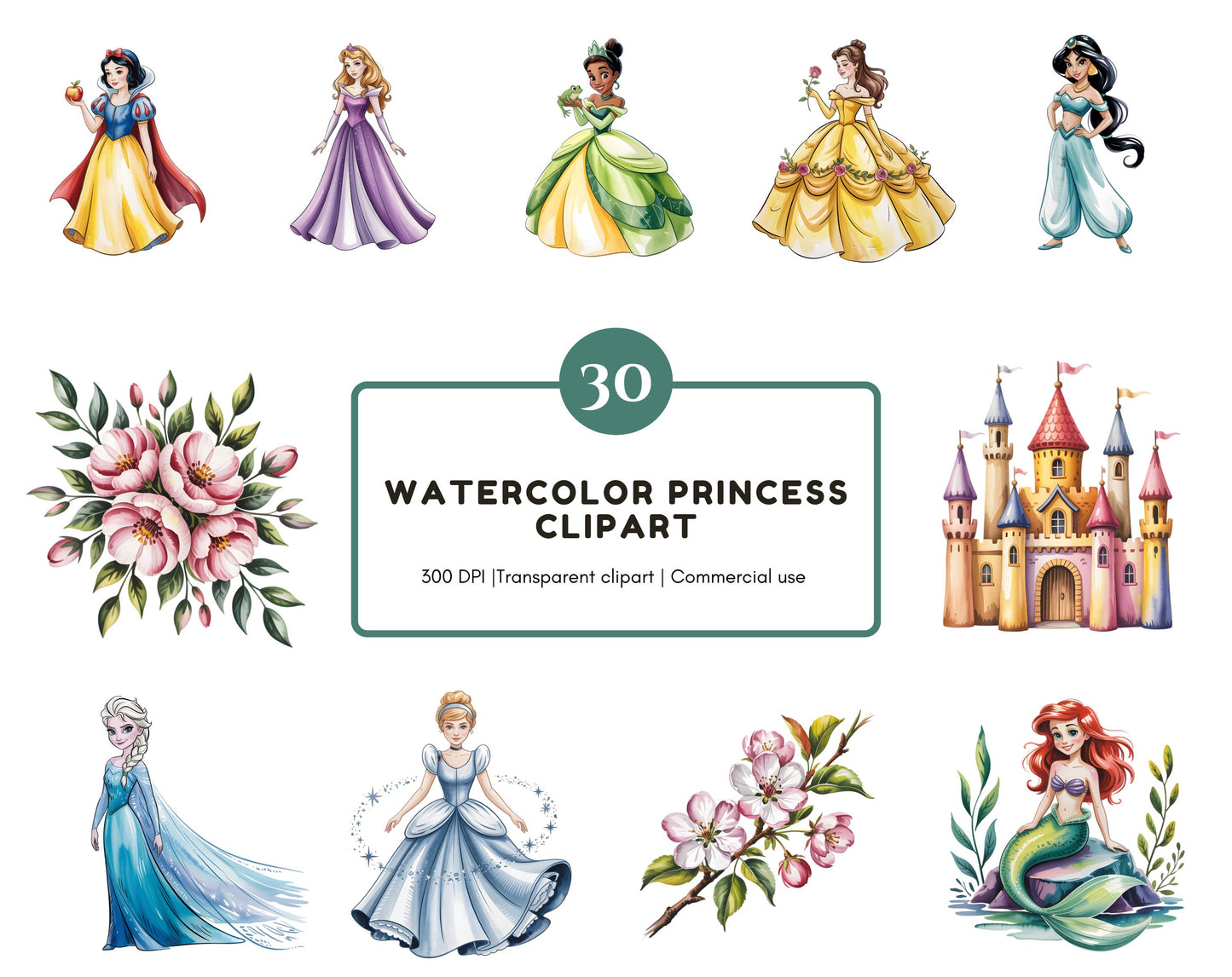 Prinzessinnen-Clipart-Bundle (PNG), Aquarell-Prinzessinnen (PNG), Niedliche Prinzessinnen-Clipart, Cinderella (PNG), Anna (PNG), Tiana (PNG), Diana, Digitaler Download