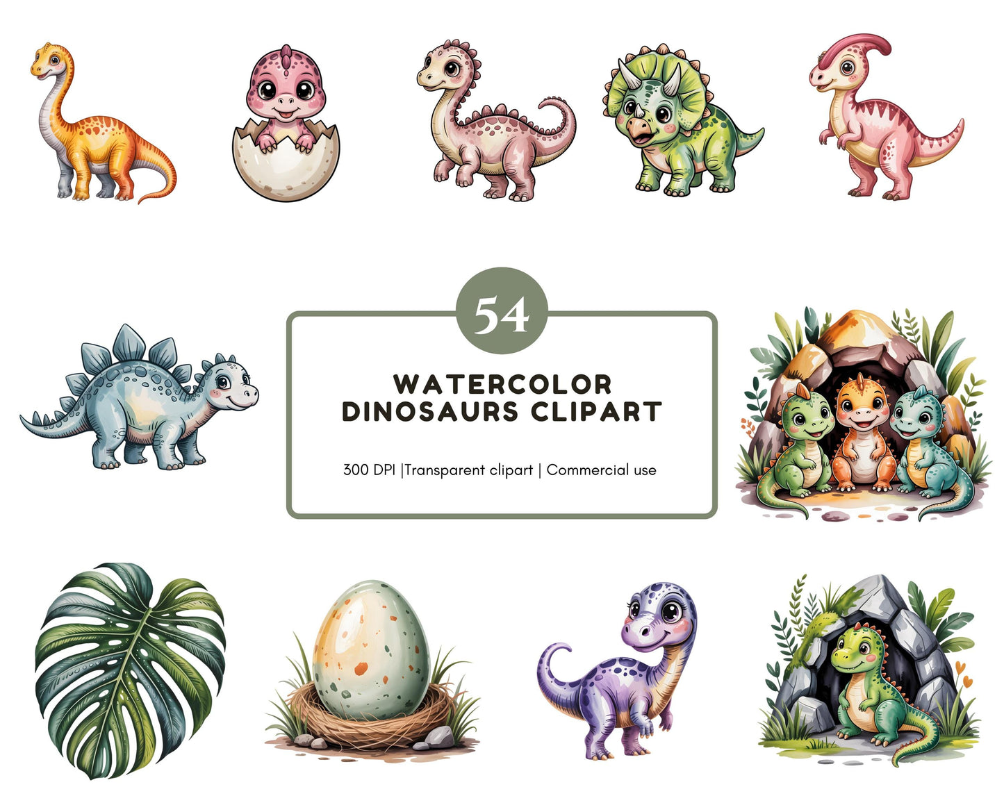 54 Cute Dinosaurs Clipart, Baby Dino Clipart Bundle, Watercolor Dinosaurs png, Baby Shower, Nursery Decor, Baby Dino Birthday Designs