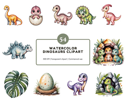 54 Cute Dinosaurs Clipart, Baby Dino Clipart Bundle, Watercolor Dinosaurs png, Baby Shower, Nursery Decor, Baby Dino Birthday Designs