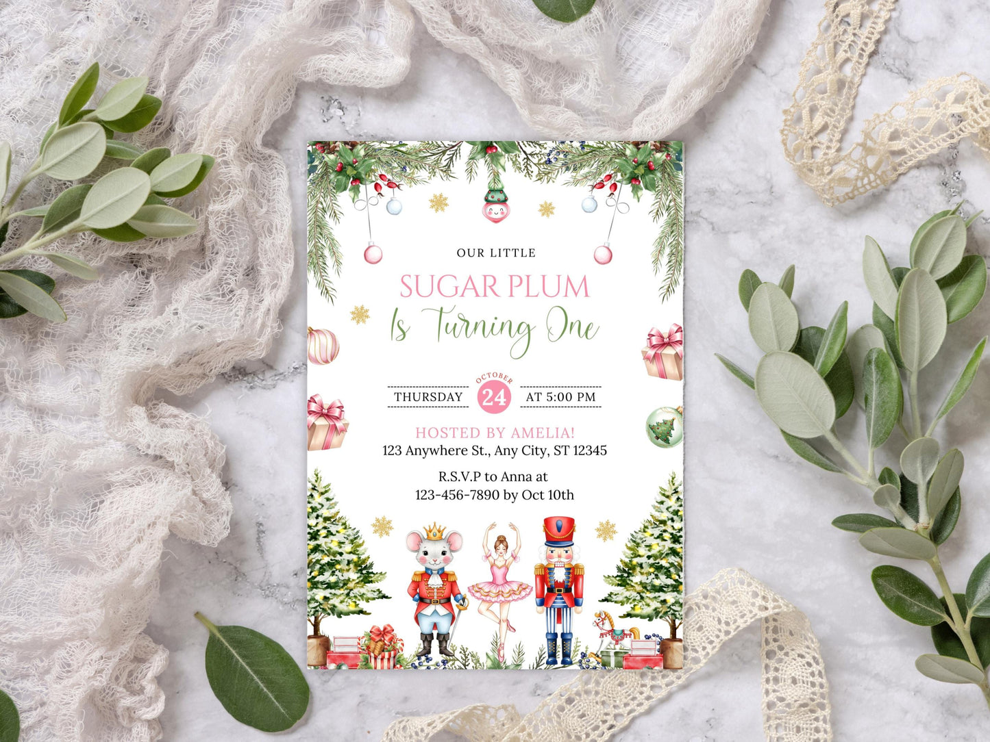 Editable Nutcracker Birthday Invitation, Sugar Plum Fairy, Winter Birthday, Christmas Birthday Invite, Digital Download