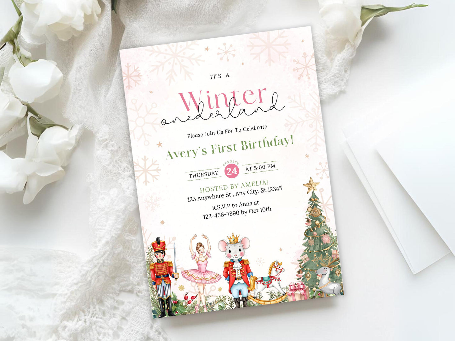 Invitation d'anniversaire Casse-Noisette au Pays des Merveilles d'Hiver, Invitation pour le 1er anniversaire d'une petite fille à Noël, Modèle d'invitation d'anniversaire, Premier anniversaire de Noël