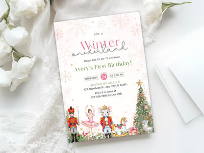 Invitation d'anniversaire Casse-Noisette au Pays des Merveilles d'Hiver, Invitation pour le 1er anniversaire d'une petite fille à Noël, Modèle d'invitation d'anniversaire, Premier anniversaire de Noël