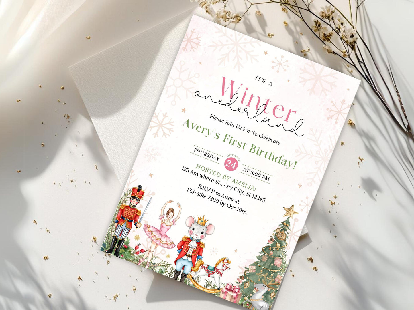 Invitation d'anniversaire Casse-Noisette au Pays des Merveilles d'Hiver, Invitation pour le 1er anniversaire d'une petite fille à Noël, Modèle d'invitation d'anniversaire, Premier anniversaire de Noël