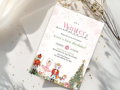 Invitation d'anniversaire Casse-Noisette au Pays des Merveilles d'Hiver, Invitation pour le 1er anniversaire d'une petite fille à Noël, Modèle d'invitation d'anniversaire, Premier anniversaire de Noël