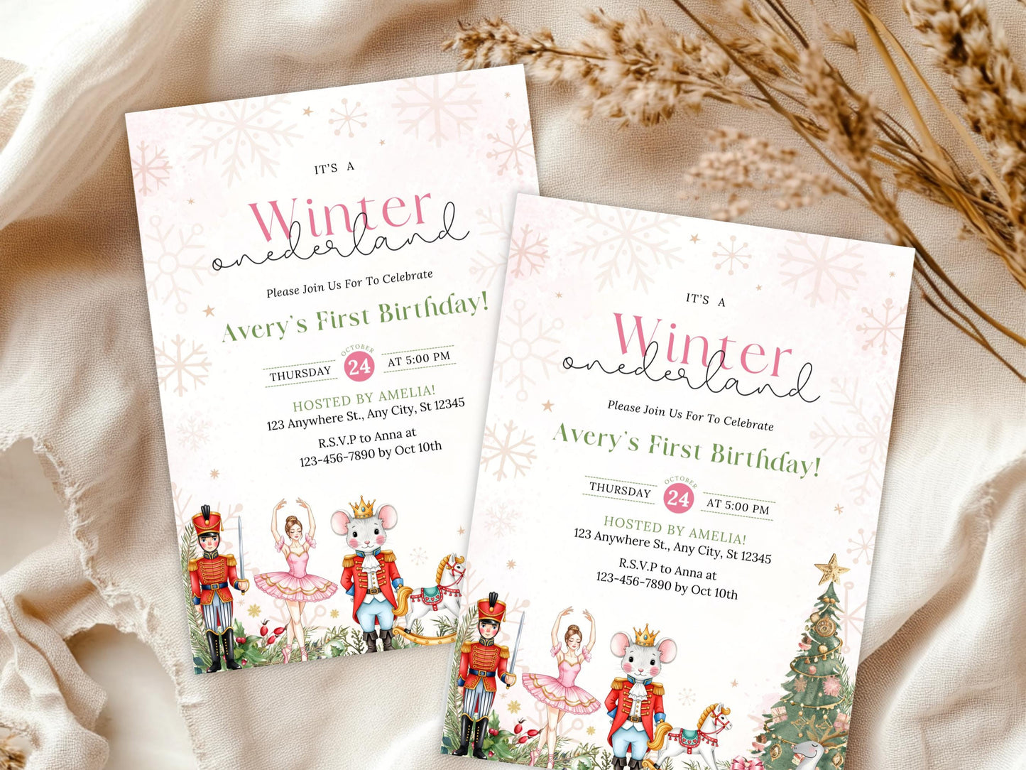 Invitation d'anniversaire Casse-Noisette au Pays des Merveilles d'Hiver, Invitation pour le 1er anniversaire d'une petite fille à Noël, Modèle d'invitation d'anniversaire, Premier anniversaire de Noël