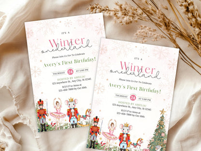 Invitation d'anniversaire Casse-Noisette au Pays des Merveilles d'Hiver, Invitation pour le 1er anniversaire d'une petite fille à Noël, Modèle d'invitation d'anniversaire, Premier anniversaire de Noël