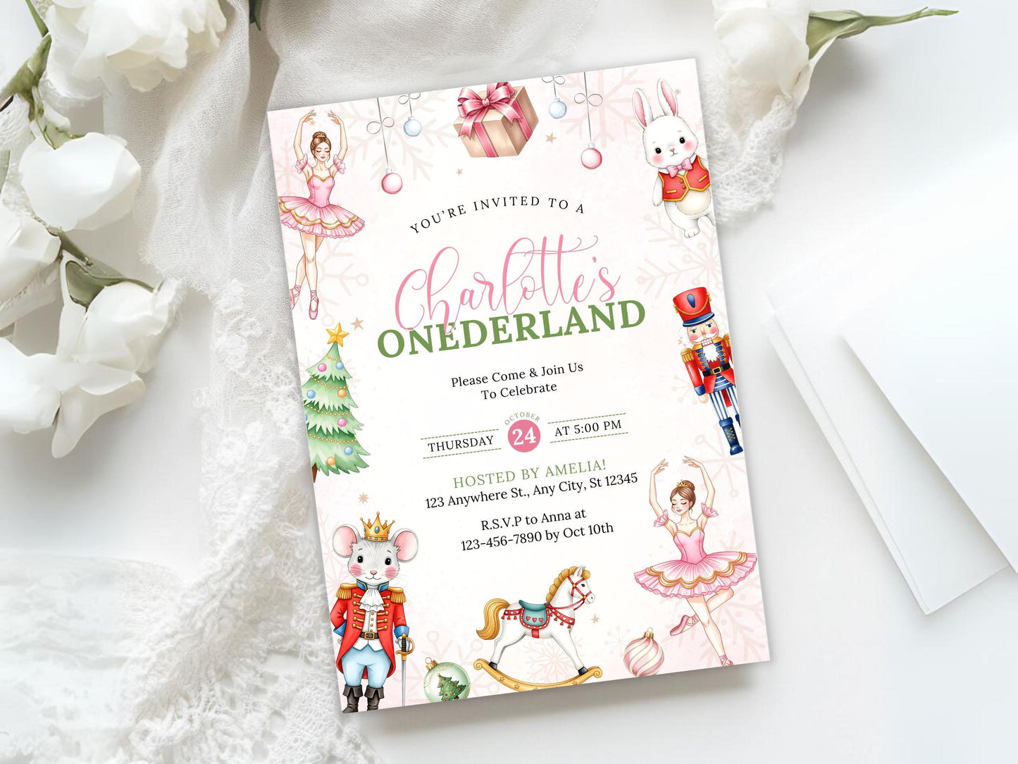 Einladung zum Geburtstag im Stil des Nussknacker-Balletts im Winterwunderland, Weihnachtseinladung zum 1. Geburtstag für Mädchen, Vorlage für eine Geburtstagseinladung, Einladung für eine Ballerina
