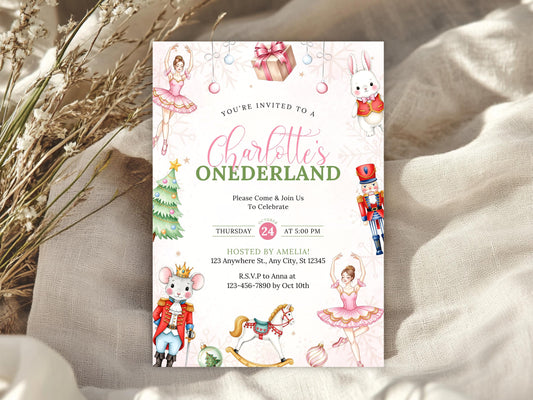 Winter Onederland Nutcracker Ballet Birthday Invitation, Christmas Girl 1st Birthday Invite, Birthday Invitation Template, Ballerina Invite