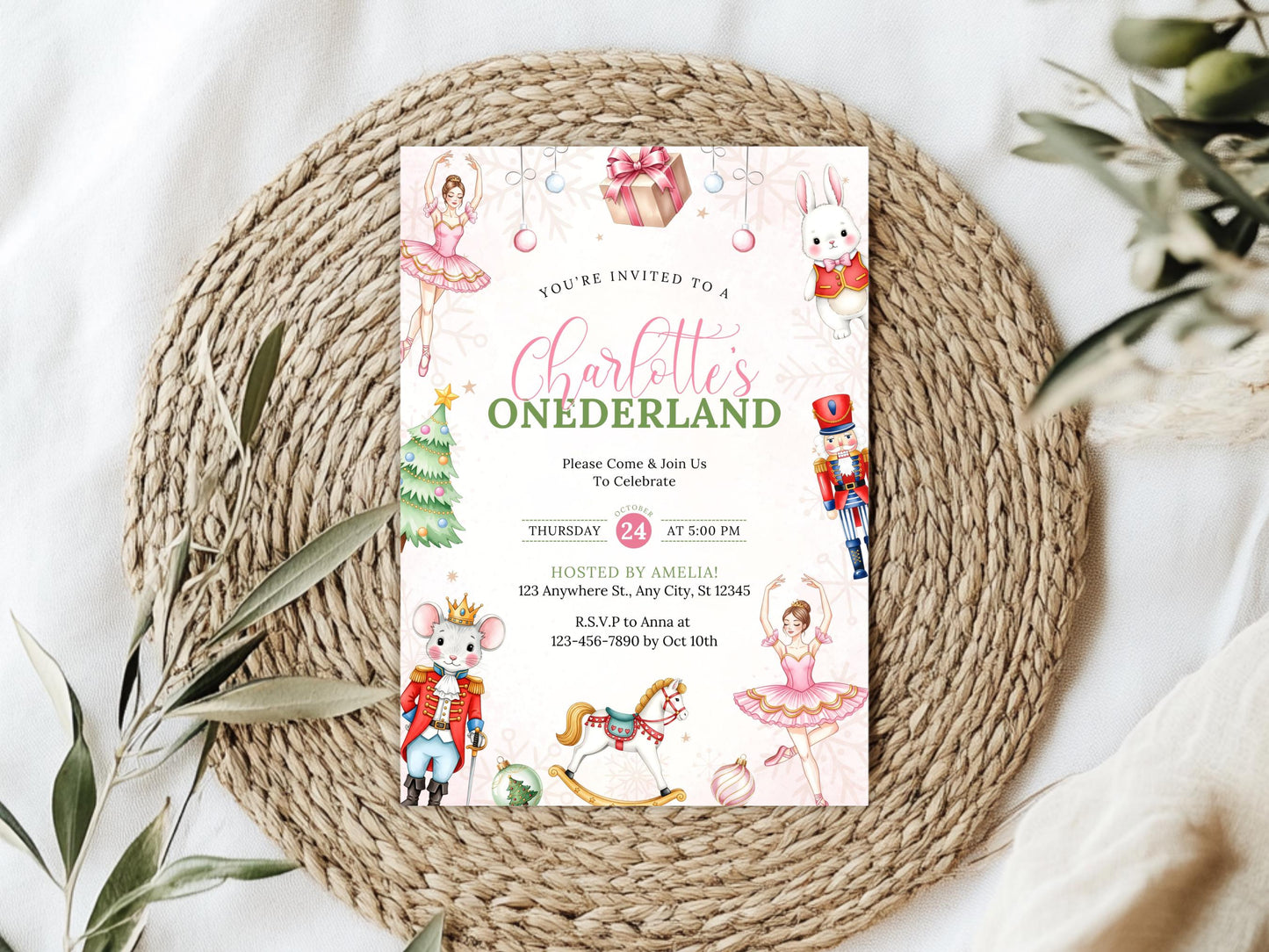 Einladung zum Geburtstag im Stil des Nussknacker-Balletts im Winterwunderland, Weihnachtseinladung zum 1. Geburtstag für Mädchen, Vorlage für eine Geburtstagseinladung, Einladung für eine Ballerina