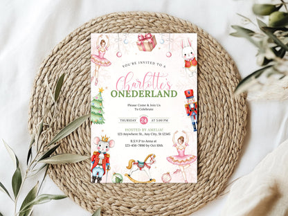 Einladung zum Geburtstag im Stil des Nussknacker-Balletts im Winterwunderland, Weihnachtseinladung zum 1. Geburtstag für Mädchen, Vorlage für eine Geburtstagseinladung, Einladung für eine Ballerina
