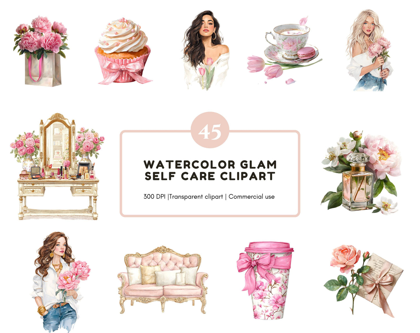 Glam Planner Clipart Bundle, Watercolor Glam Planner png, Morning Routine Clipart, Self Care Clipart, Pink Clipart, Coquette Clipart