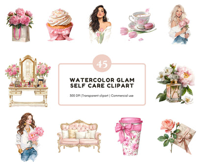 Glam Planner Clipart Bundle, Watercolor Glam Planner png, Morning Routine Clipart, Self Care Clipart, Pink Clipart, Coquette Clipart