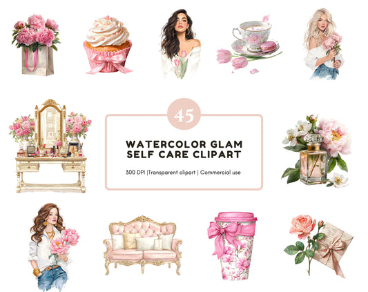 Glam Planner Clipart Bundle, Watercolor Glam Planner png, Morning Routine Clipart, Self Care Clipart, Pink Clipart, Coquette Clipart