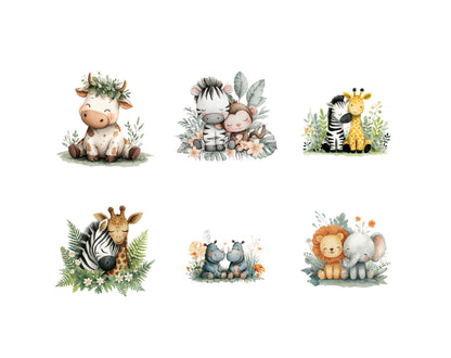 Safari-Tier-Cliparts in Aquarell, niedliche Safari-Tiere (PNG), Babyparty, Dschungelzoo (PNG), Baby- und ausgewachsene Tiere (PNG), kommerzielle Nutzung
