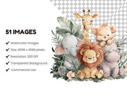 Safari-Tier-Cliparts in Aquarell, niedliche Safari-Tiere (PNG), Babyparty, Dschungelzoo (PNG), Baby- und ausgewachsene Tiere (PNG), kommerzielle Nutzung
